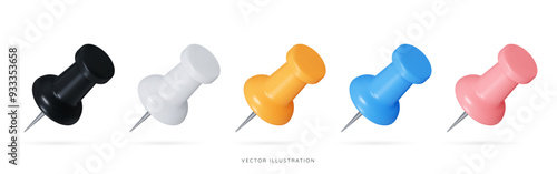 3D Push pin emoji icon set. Different colors thumbtack with metal needle. Office and school supplies. Stationery elements. Cartoon design objects isolated on white background. 3D Vector Illustration