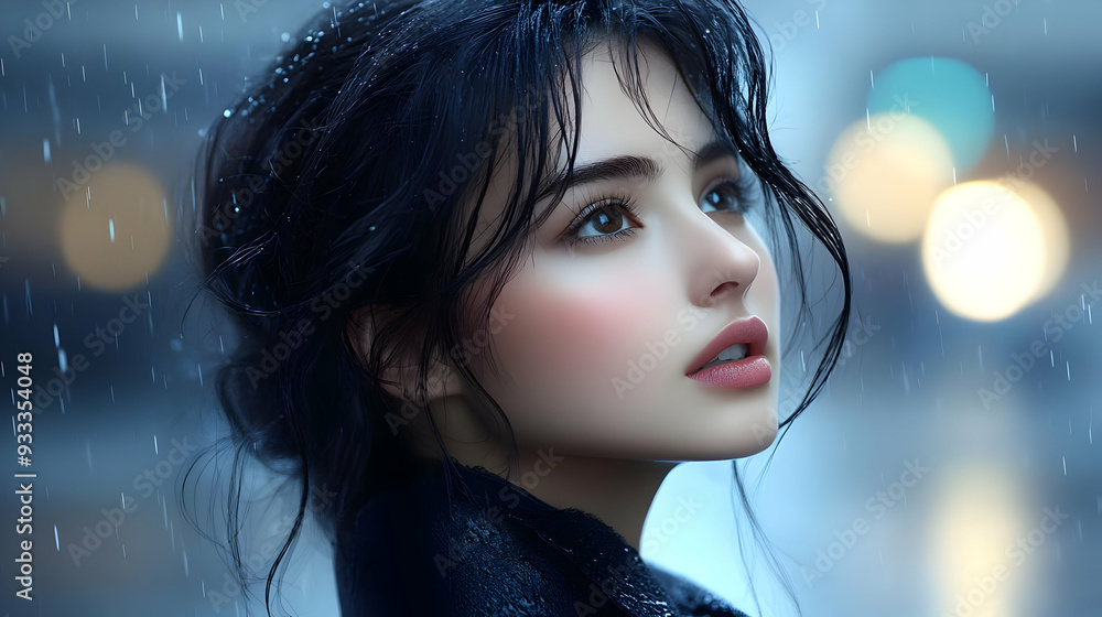 A young woman with wet hair and a thoughtful expression in the rain. A young woman with wet hair and a thoughtful expression in the rain.
