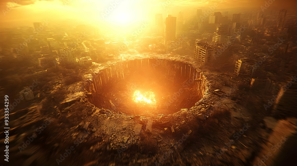 Obraz premium Aerial view of a city destroyed by a catastrophic event, with a large crater and glowing embers in the center.