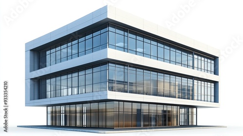 Modern glass office building with a white exterior and large windows.