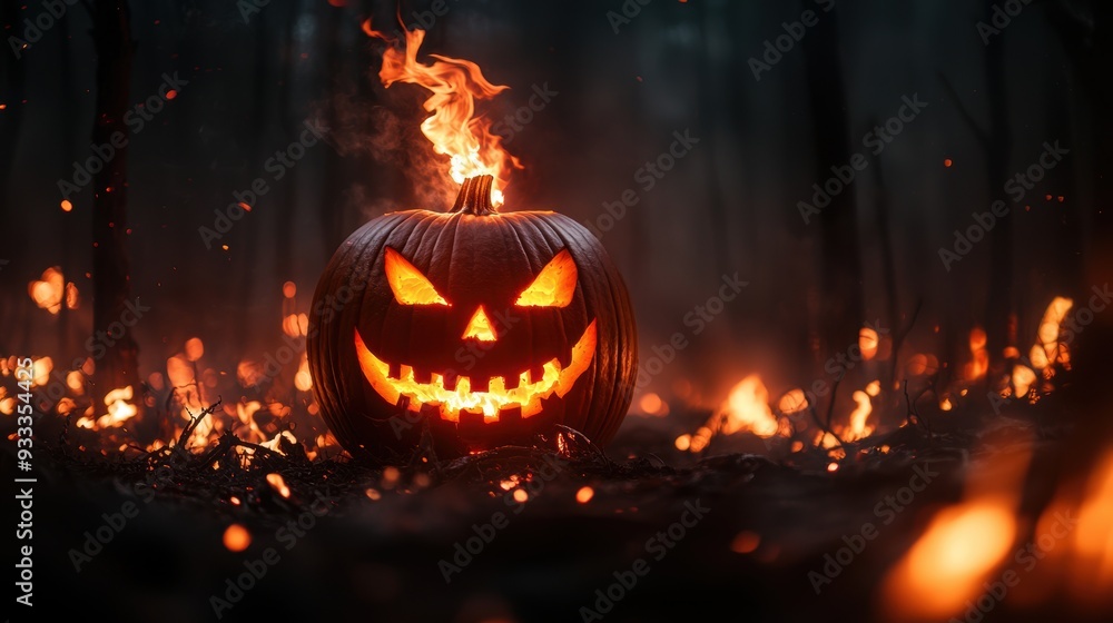Fiery Evil Pumpkin in Dark Twisted Forest - Halloween Horror Scene with Copy Space for Text, Selective Focus, Ultra HD Fiery Evil Pumpkin in Dark Twisted Forest - Halloween Horror Scene with Copy Space for Text, Selective Focus, Ultra HD
