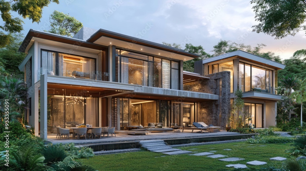 Modern home with a pool and a patio. Modern home with a pool and a patio.