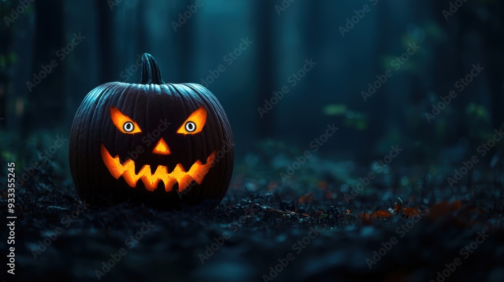 Sinister Jack-o'-lantern with Glowing Eyes in Haunted Forest Copy Space for Text, Selective Focus - Ultra HD Halloween Concept Sinister Jack-o'-lantern with Glowing Eyes in Haunted Forest Copy Space for Text, Selective Focus - Ultra HD Halloween Concept