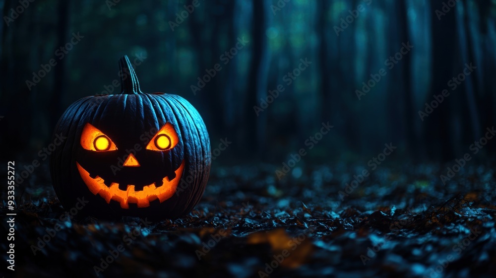 Sinister Pumpkin with Glowing Eyes in Haunted Forest Shadows - Copy Space for Text, Selective Focus, Ultra HD Sinister Pumpkin with Glowing Eyes in Haunted Forest Shadows - Copy Space for Text, Selective Focus, Ultra HD