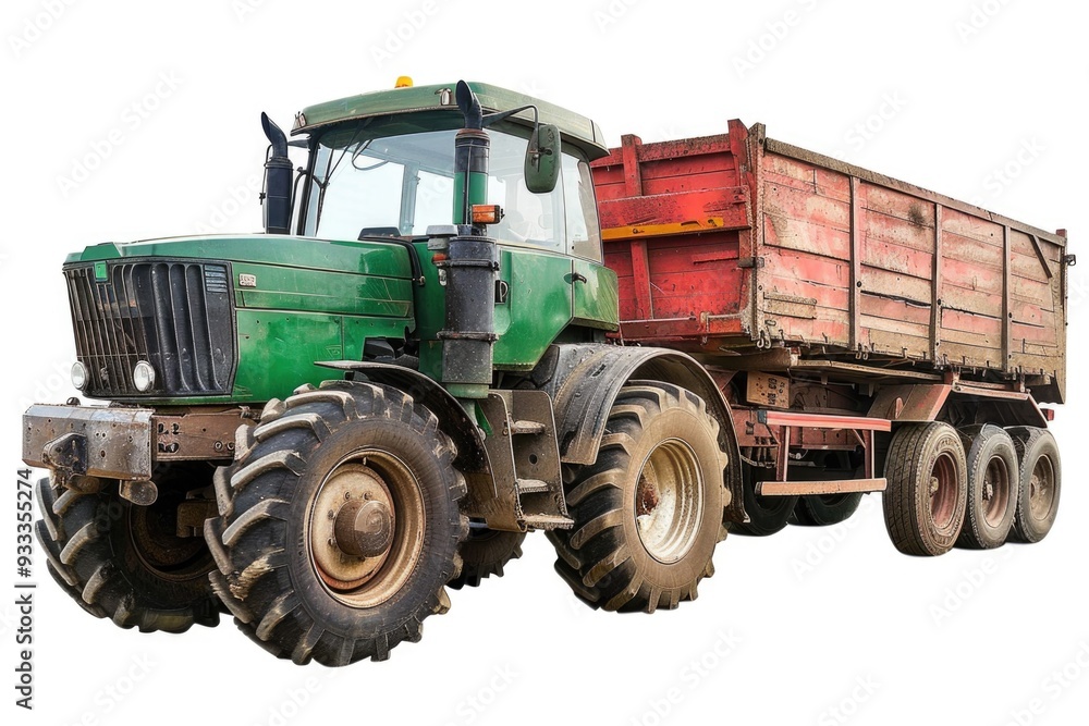 A green tractor accompanied by a red trailer, set against a clean white backdrop A green tractor accompanied by a red trailer, set against a clean white backdrop