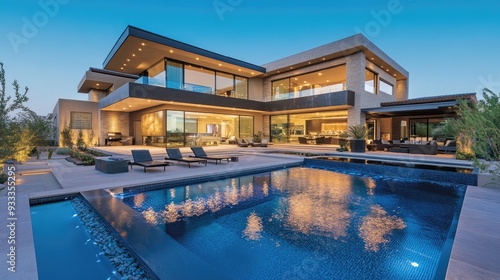 Modern home with a swimming pool at dusk.