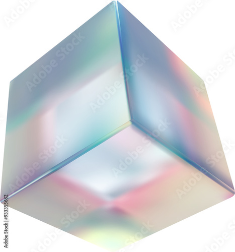 3d glass cube box with crystal dispersion effect. Abstract empty glassy square with prism holographic gradient. Isolated realistic translucent flying plexiglass object with light reflection photo