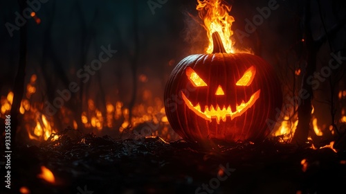 Sinister Jack-o'-lantern with Flaming Head in Eerie Dark Forest, Copy Space for Halloween Text, Selective Focus, Ultra HD