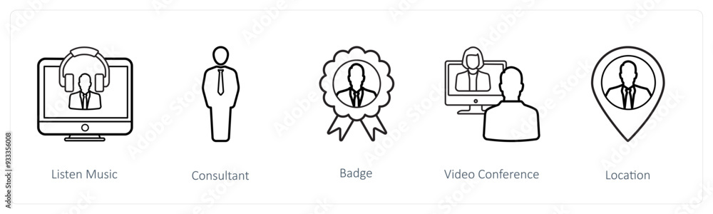 A set of 5 human resource icons such as listen music, consultant A set of 5 human resource icons such as listen music, consultant