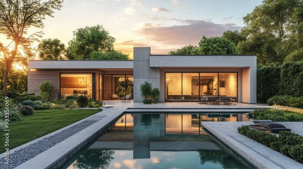 Modern house with a swimming pool and a beautiful garden in the sunset. Modern house with a swimming pool and a beautiful garden in the sunset.