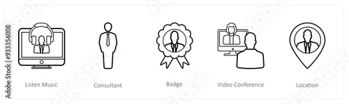 A set of 5 human resource icons such as listen music, consultant