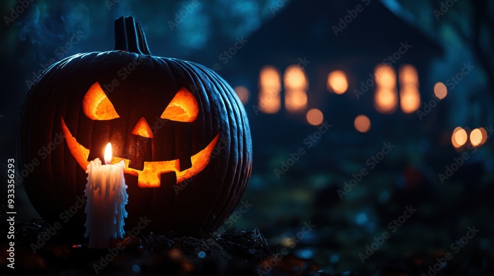 Obraz premium Sinister Pumpkin with Candle in Front of Haunted House - Halloween concept with space for text in Ultra HD quality