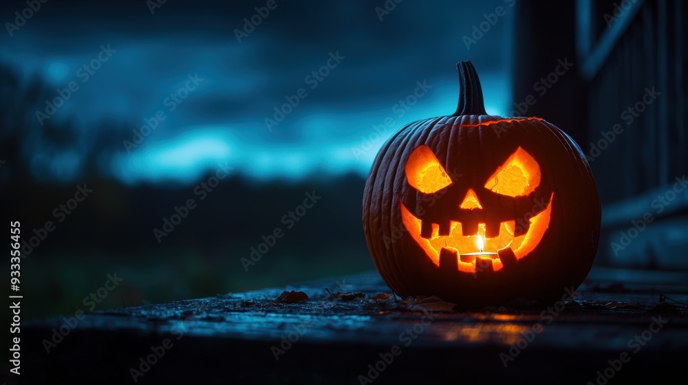Sinister Pumpkin with Burning Candle on Decrepit Porch - Spooky Halloween Concept with Stormy Sky in Ultra HD Resolution Sinister Pumpkin with Burning Candle on Decrepit Porch - Spooky Halloween Concept with Stormy Sky in Ultra HD Resolution