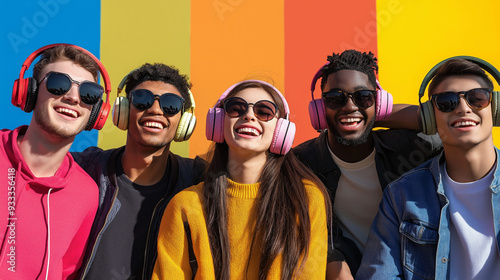 Diverse group of young people, all wearing different styles of headphones, smiling and enjoying music together, with a vibrant, colorful background symbolizing the joy of unity photo