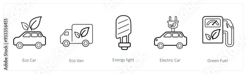 A set of 5 weather icons such as eco car, eco van, energy light