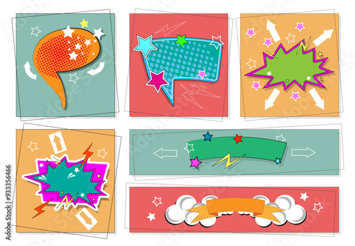 Fun pop art templates for a variety of emotional messages. Vector set