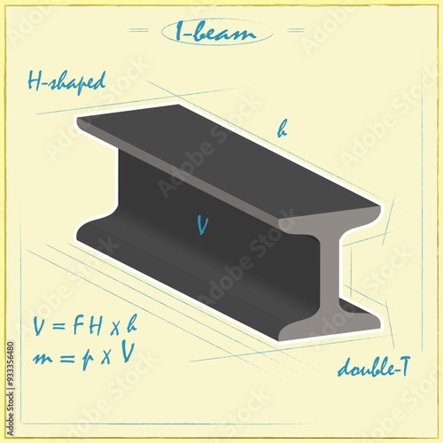 I-beam. Stylized image, drawing, formulas for calculating mass and volume. Vector illustration