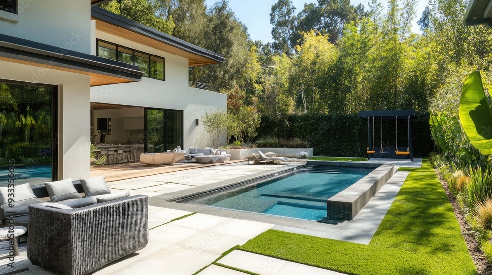 Fototapeta premium Modern house with a swimming pool and a patio with a couch and a coffee table.