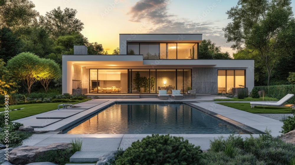 Modern house with a swimming pool and lush greenery. Modern house with a swimming pool and lush greenery.