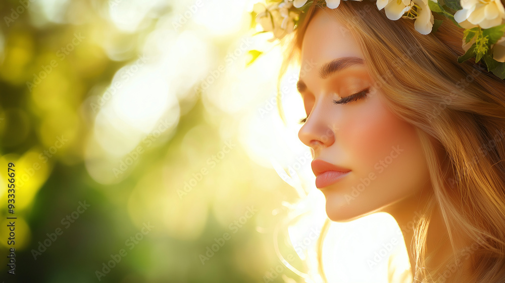 Fototapeta premium Profile view of a serene woman with a floral crown, her skin glowing under the gentle sunlight, symbolizing the harmony between nature and beauty