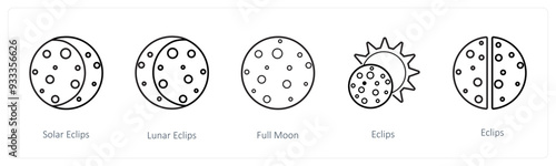A set of 5 weather icons such as solar eclipse, lunar eclipse