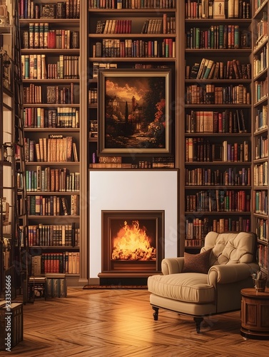Cozy and inviting neo classical interior design of a traditional library space with floor to ceiling bookshelves a plush armchair and a crackling fireplace creating a scholarly and serene ambiance
