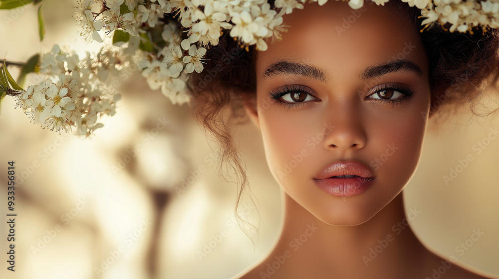A serene woman with a crown of blooming flowers, her radiant skin reflecting natural beauty, set against a light, airy background that emphasizes well-being and relaxation A serene woman with a crown of blooming flowers, her radiant skin reflecting natural beauty, set against a light, airy background that emphasizes well-being and relaxation