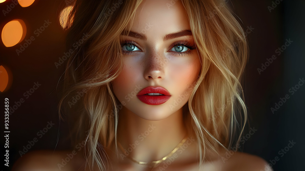 Close up portrait of a beautiful woman with blonde hair, blue eyes and red lips. Close up portrait of a beautiful woman with blonde hair, blue eyes and red lips.