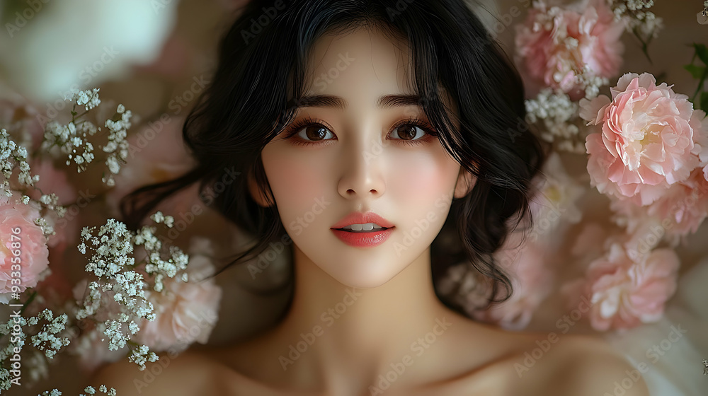 Close up portrait of a beautiful young woman with long black hair lying amongst pink flowers. Close up portrait of a beautiful young woman with long black hair lying amongst pink flowers.