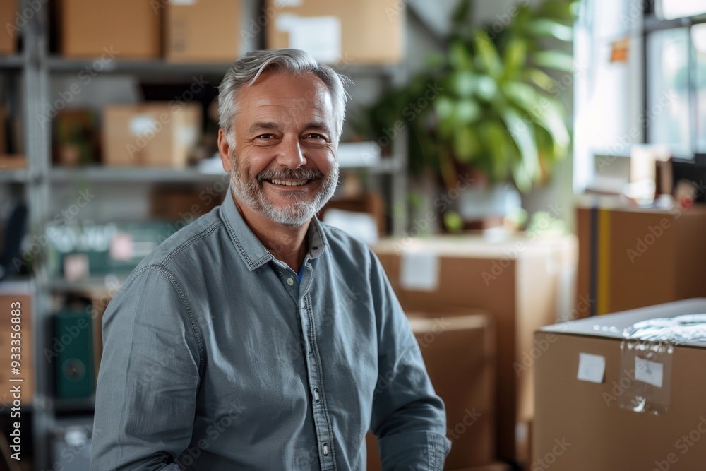 Portrait of senior businessman, home office, moving boxes, e-commerce, transport company style, smiling. Portrait of senior businessman, home office, moving boxes, e-commerce, transport company style, smiling.