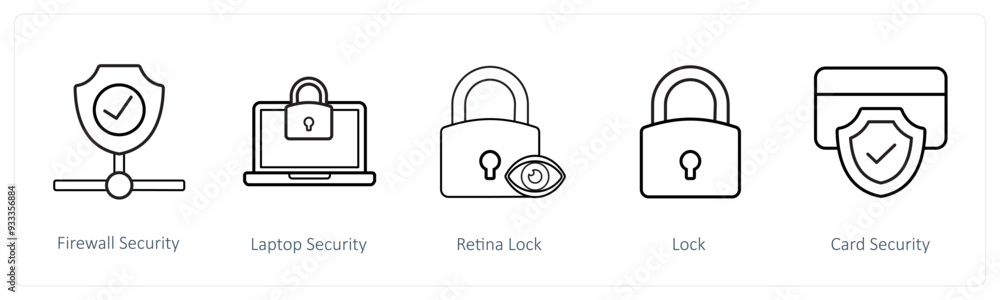 A set of 5 security icons such as firewall security, laptop security A set of 5 security icons such as firewall security, laptop security