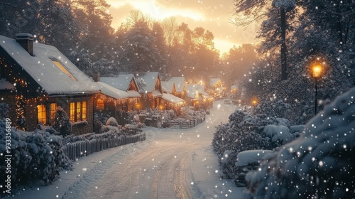 enchanting winter village scene at twilight cozy cottages with warm glowing windows snowcovered rooftops festive decorations soft snowfall