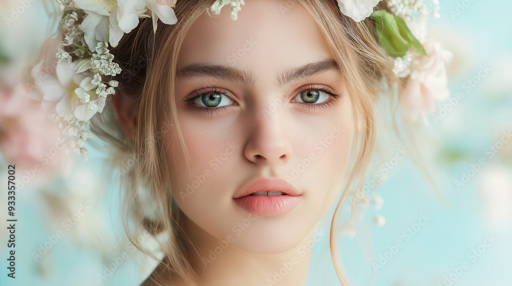 A peaceful woman with a crown of delicate flowers, her serene expression embodying natural beauty and skin health, with a soft-focus background of pastel tones A peaceful woman with a crown of delicate flowers, her serene expression embodying natural beauty and skin health, with a soft-focus background of pastel tones