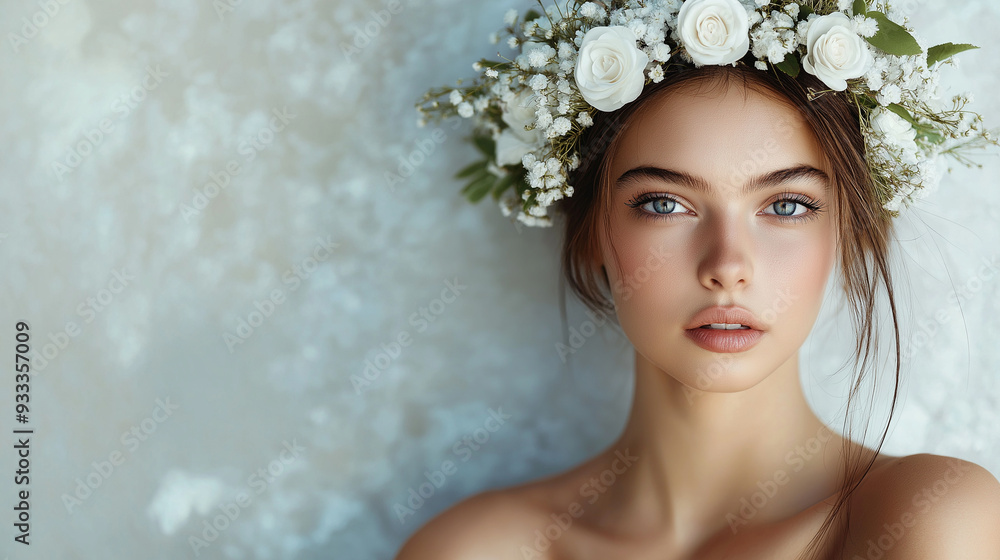 A calm, serene woman with a floral crown, her radiant skin symbolizing natural beauty, set against a soft, muted background that enhances the feeling of well-being A calm, serene woman with a floral crown, her radiant skin symbolizing natural beauty, set against a soft, muted background that enhances the feeling of well-being