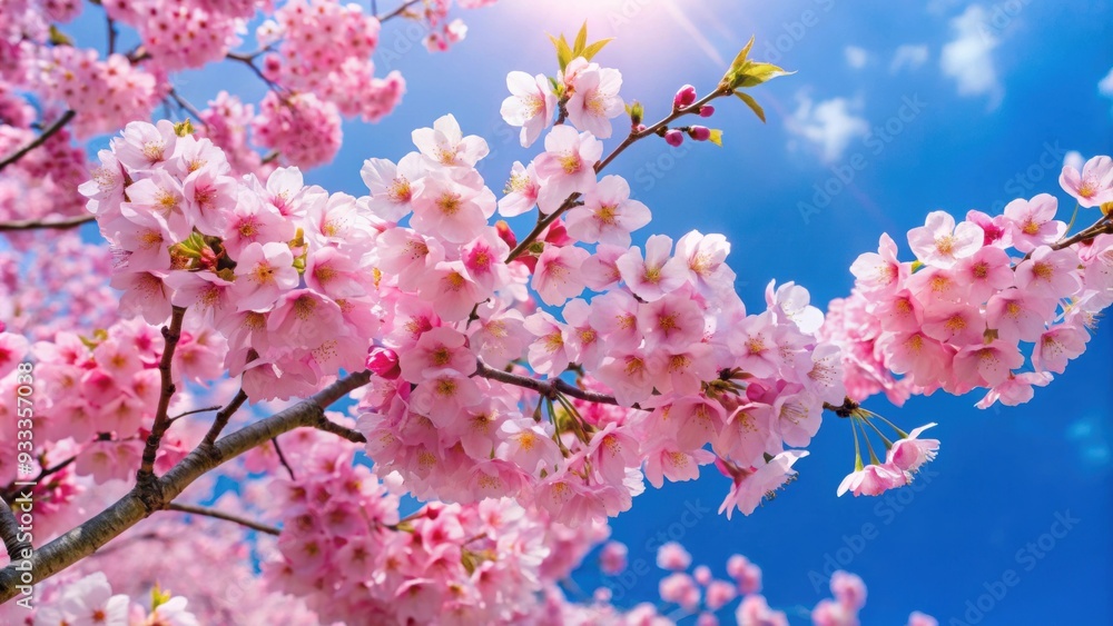 Beautiful cherry blossoms in full bloom against a clear blue sky, spring, flowers, nature, pink, petals, sakura, blooming Beautiful cherry blossoms in full bloom against a clear blue sky, spring, flowers, nature, pink, petals, sakura, blooming