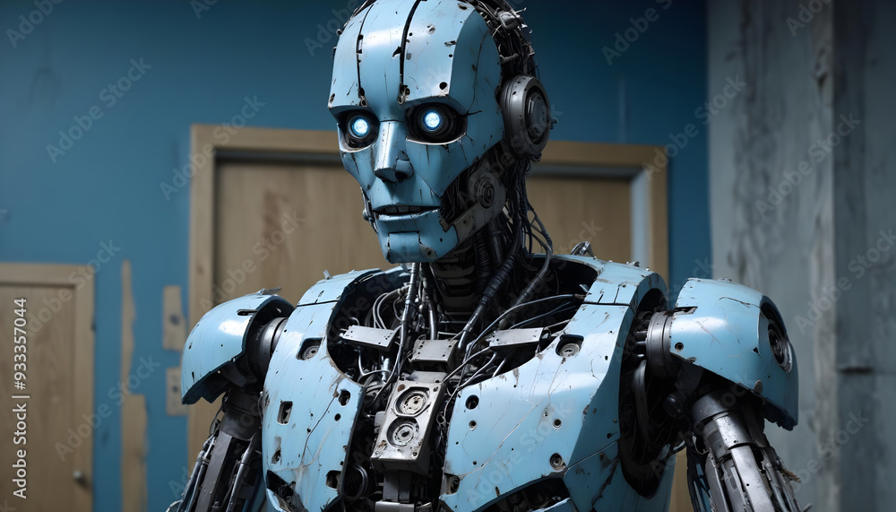 Retro-style dystopian humanoid robot with expressive face Retro-style dystopian humanoid robot with expressive face