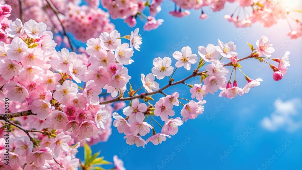 Beautiful cherry blossoms in full bloom against a clear blue sky, spring, flowers, nature, pink, petals, sakura, blooming Beautiful cherry blossoms in full bloom against a clear blue sky, spring, flowers, nature, pink, petals, sakura, blooming