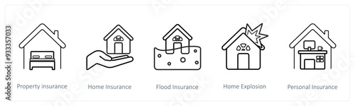 A set of 5 insurance icons such as property insurance, home insurance