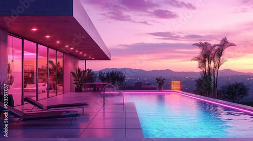 Modern house with a swimming pool overlooking the city at dusk.