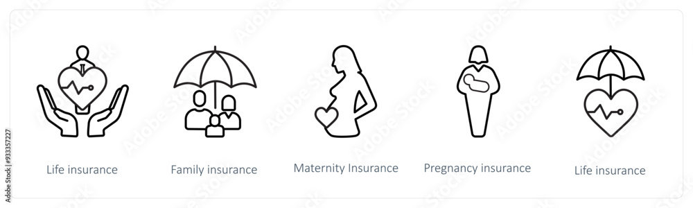 A set of 5 insurance icons such as life insurance, family insurance A set of 5 insurance icons such as life insurance, family insurance