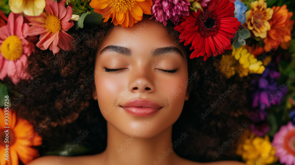 A peaceful woman adorned with a crown of vibrant flowers, her relaxed expression and glowing skin highlighting the connection between nature and skin health A peaceful woman adorned with a crown of vibrant flowers, her relaxed expression and glowing skin highlighting the connection between nature and skin health