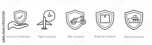 A set of 5 insurance icons such as insurance protection, flight insurance