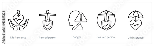 A set of 5 insurance icons such as life insurance, insured person