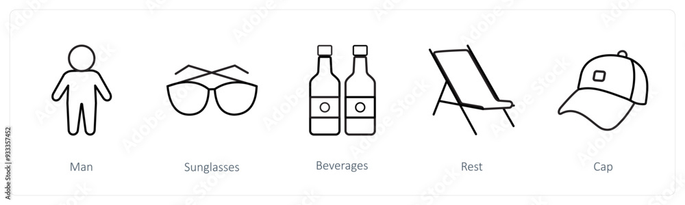 A set of 5 travel and vacation icons such as man, sunglasses, beverages A set of 5 travel and vacation icons such as man, sunglasses, beverages