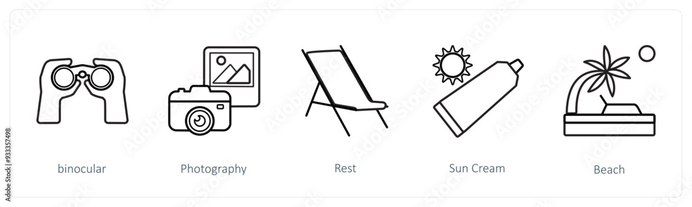 A set of 5 travel and vacation icons such as binocular, photography, rest A set of 5 travel and vacation icons such as binocular, photography, rest