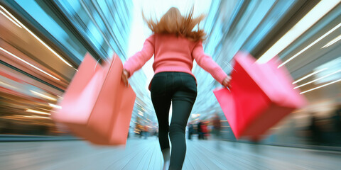 Woman running with pink shopping bags, motion blur background, Black Friday shopping frenzy concept