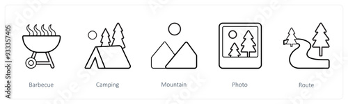 A set of 5 travel and vacation icons such as barbecue, camping, mountain