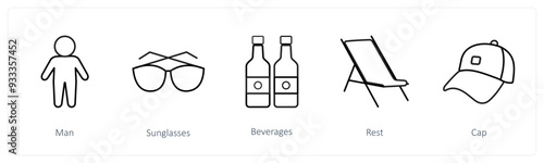 A set of 5 travel and vacation icons such as man, sunglasses, beverages