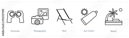 A set of 5 travel and vacation icons such as binocular, photography, rest