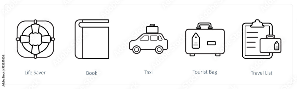 A set of 5 travel and vacation icons such as life saver, book, taxi A set of 5 travel and vacation icons such as life saver, book, taxi